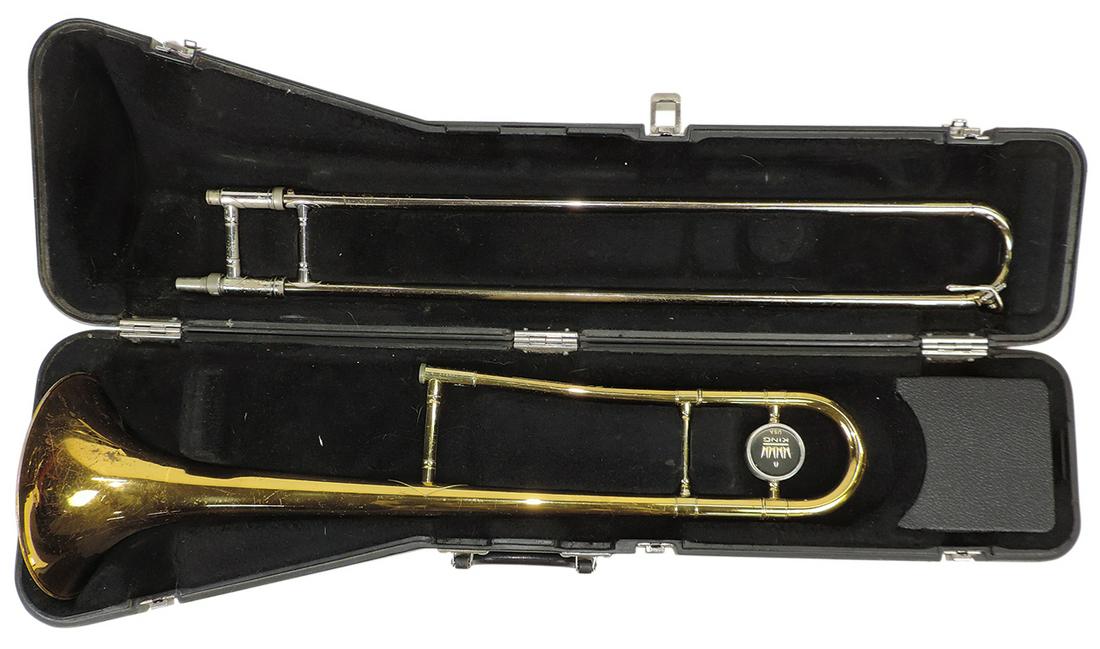 Musical Instrument, slide trombone, mfgd by King, Ser. #414002, brass, c.1968, VG+ untested cond in: Musical Instrument, slide trombone, mfgd by King, Ser. #414002, brass, c.1968, VG+ untested cond, in matching case 37"L.