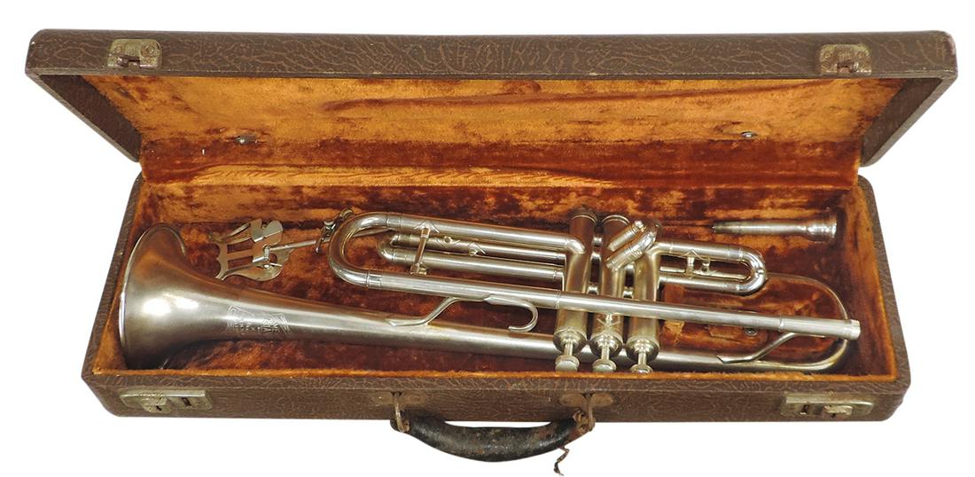 Musical Instrument, King Trumpet, mfgd by H.N. White, American Standard model, Ser. #36433,: Musical Instrument, King Trumpet, mfgd by H.N. White, American Standard model, Ser. #36433, silver-plated brass, 1955-1960, 19"L w/4.5"bell, VG+ refurbished untested cond, in case 21"L.