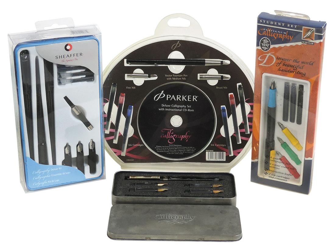 Pen Sets (4), Calligraphy, all different, Sheaffer Deluxe, Parker Deluxe w/cd, Platinum Student set: Pen Sets (4), Calligraphy, all different, Sheaffer Deluxe, Parker Deluxe w/cd, Platinum Student set & Platinum black lacquer 4 nib set, all NOS cond, the first 3 in unopened packages.