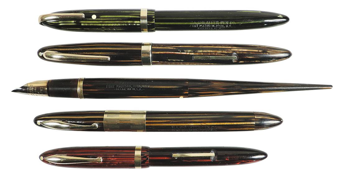 Fountain Pens (5), Sheaffer Balance & Triumph, all w/Lifetime Sheaffer nibs, (2) brown striated: Fountain Pens (5), Sheaffer Balance & Triumph, all w/Lifetime Sheaffer nibs, (2) brown striated w/gold trim, Military & Radius clips & desk pen w/14k nib, all VG untested cond.