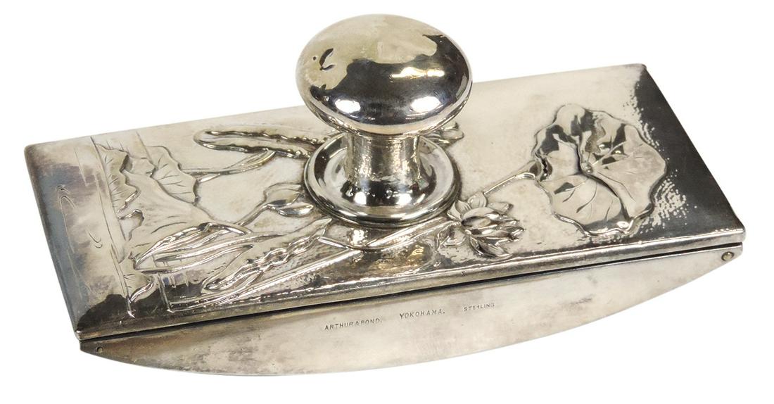 Fountain Pen Ink Blotter, Japanese Export Silver, mfgd by Arthur & Bond-Yokohama, Meiji period: Fountain Pen Ink Blotter, Japanese Export Silver, mfgd by Arthur & Bond-Yokohama, Meiji period (1868-1912) w/repousse water lilies, Sterling on wood rocker, VG+ cond w/few light dings on knob, 6"L.