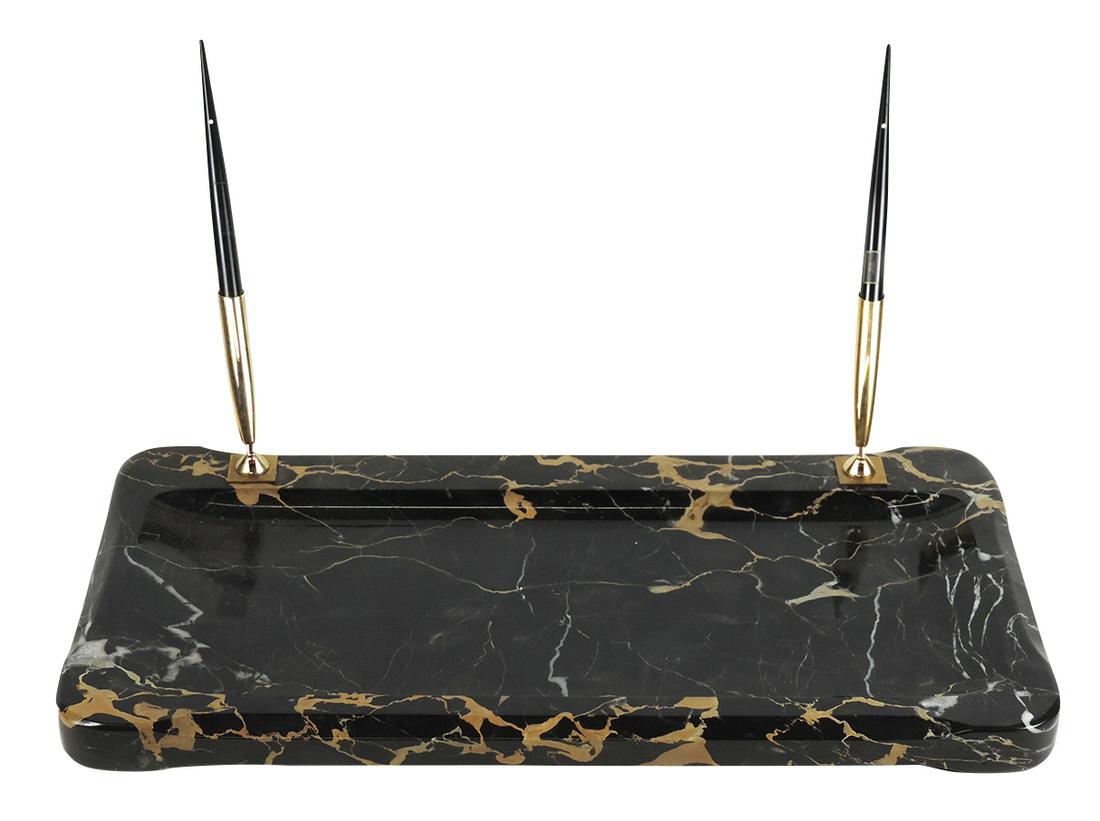 Pen Desk Set & Pens, Sheaffer black marble, large executive size w/recessed well & 2 matching White: Pen Desk Set & Pens, Sheaffer black marble, large executive size w/recessed well & 2 matching White Dot Imperial pens: fountain pen w/14k gold nib & ballpoint, base Exc cond & pens NOS.