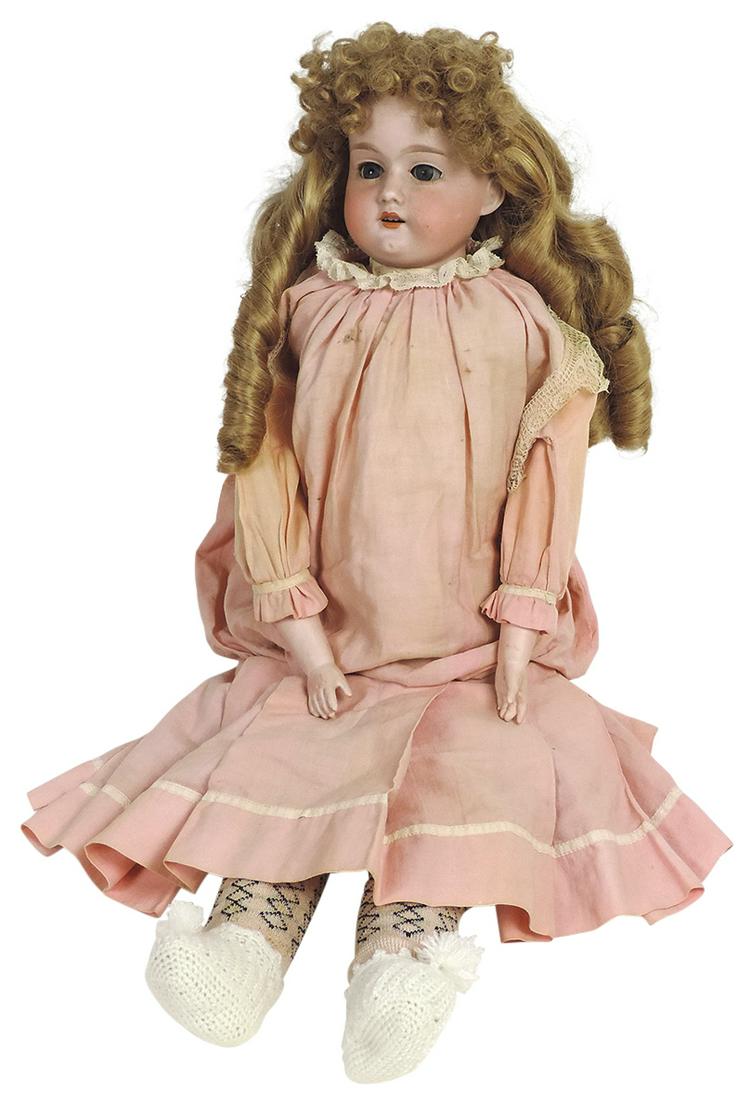 Doll, German Porcelain Armand Marseille #370 bisque shoulder head w/sleep eyes, jointed kid body, VG: Doll, German Porcelain Armand Marseille #370 bisque shoulder head w/sleep eyes, jointed kid body, VG cond w/no damage noted, 24"H.