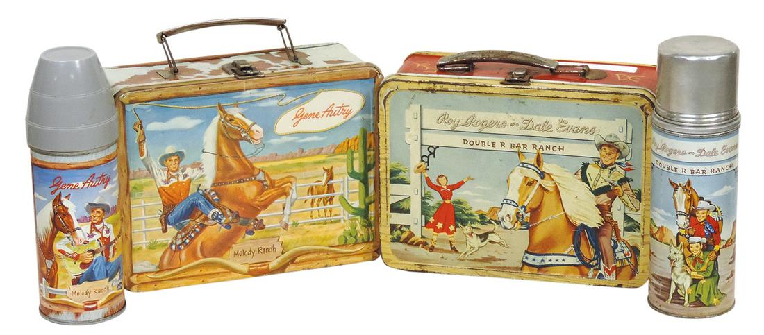 Child's Lunch Boxes with Thermoses (2), Roy Rogers & Dale Evans plus Gene Autry, Good+ & VG+ cond,: Child's Lunch Boxes with Thermoses (2), Roy Rogers & Dale Evans plus Gene Autry, Good+ & VG+ cond, 8.75"W.