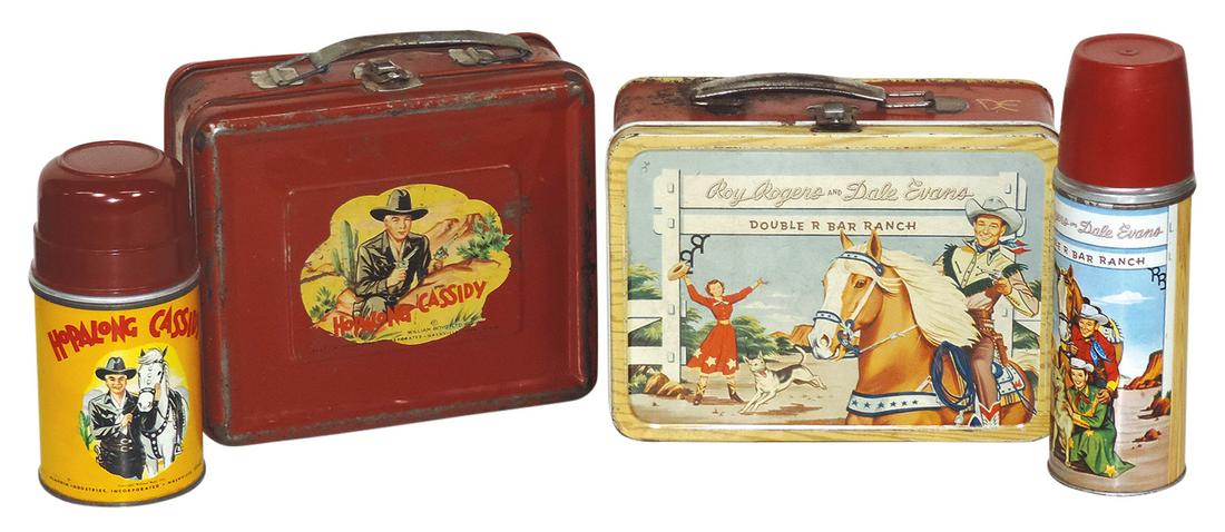 Child's Lunch Boxes with Thermoses (2), Roy Rogers & Dale Evans plus Hopalong Cassidy, ea w/thermos,: Child's Lunch Boxes with Thermoses (2), Roy Rogers & Dale Evans plus Hopalong Cassidy, ea w/thermos, Good & Good+ cond, larger 8.75"W.