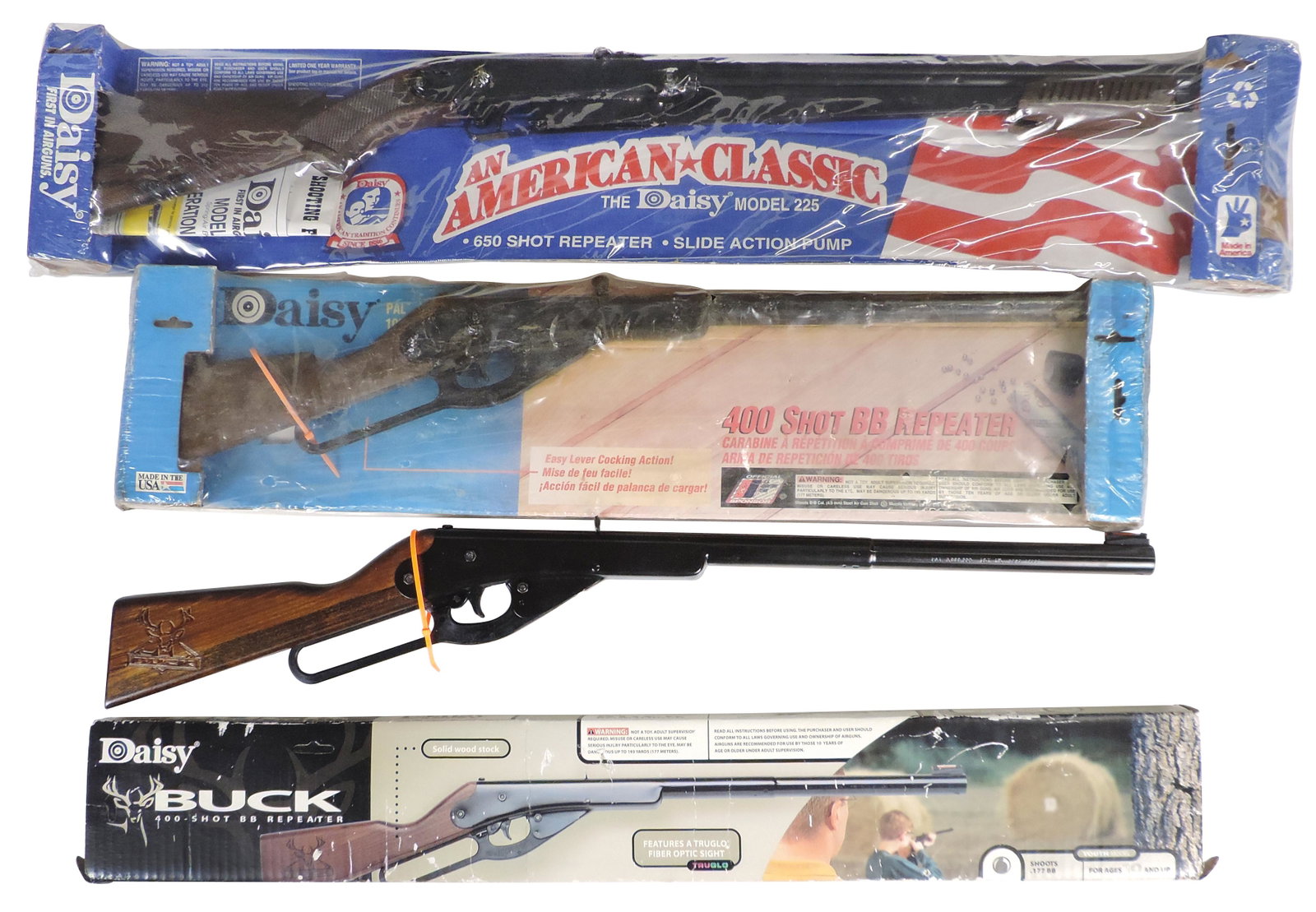 Air Rifles (3), all mfgd by Daisy, Buck 400 shot, Pal Mod. 105 & American Classic Mod. 225, all MIB: Air Rifles (3), all mfgd by Daisy, Buck 400 shot, Pal Mod. 105 & American Classic Mod. 225, all MIB untested cond, largest 36"L.