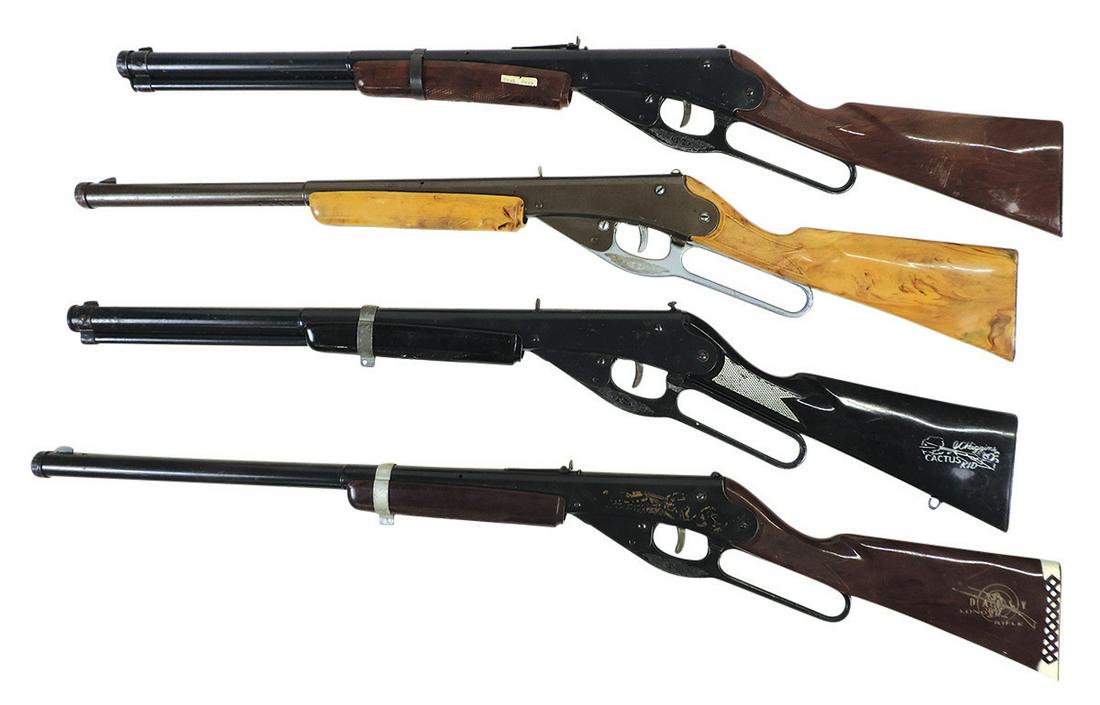 Air Rifles (4), all mfgd by Daisy, 2 J.C. Higgins 799-2029, 1 w/blonde stock, Higgins Cactus Kid &: Air Rifles (4), all mfgd by Daisy, 2 J.C. Higgins 799-2029, 1 w/blonde stock, Higgins Cactus Kid & Daisy Mod. 80 long rifle, various cond w/2 working, 35"L.