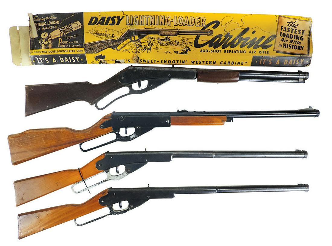 Air Rifles (4), all mfgd by Daisy, 2 No. 155, No. 108 Lightning in box & Mod. 88, various cond, all: Air Rifles (4), all mfgd by Daisy, 2 No. 155, No. 108 Lightning in box & Mod. 88, various cond, all working, 36"L.