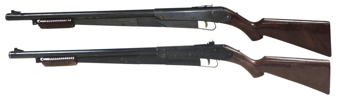 Air Rifles (2), No. 25 pumps, Var 12 Carnival gun w/engraved receiver, smoking barrel & cork shot: Air Rifles (2), No. 25 pumps, Var 12 Carnival gun w/engraved receiver, smoking barrel & cork shot tube, other Var 13, Good+ & VG working cond, 37"L.