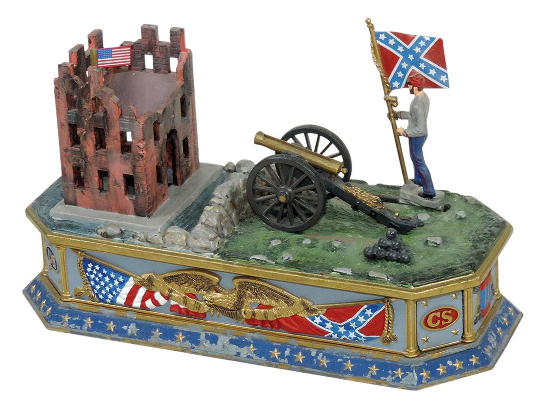 Mechanical Bank, Battle of Fort Sumter, mfgd by The Franklin Mint, cast iron, colorful fine detail,: Mechanical Bank, Battle of Fort Sumter, mfgd by The Franklin Mint, cast iron, colorful fine detail, Exc working cond, 11"L.
