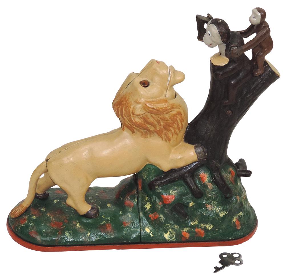 Mechanical Bank, Lion & Monkeys, mfgd by Kyser & Rex, cast iron, prof repaint in Exc working cond: Mechanical Bank, Lion & Monkeys, mfgd by Kyser & Rex, cast iron, prof repaint in Exc working cond w/key, 8.75"H.