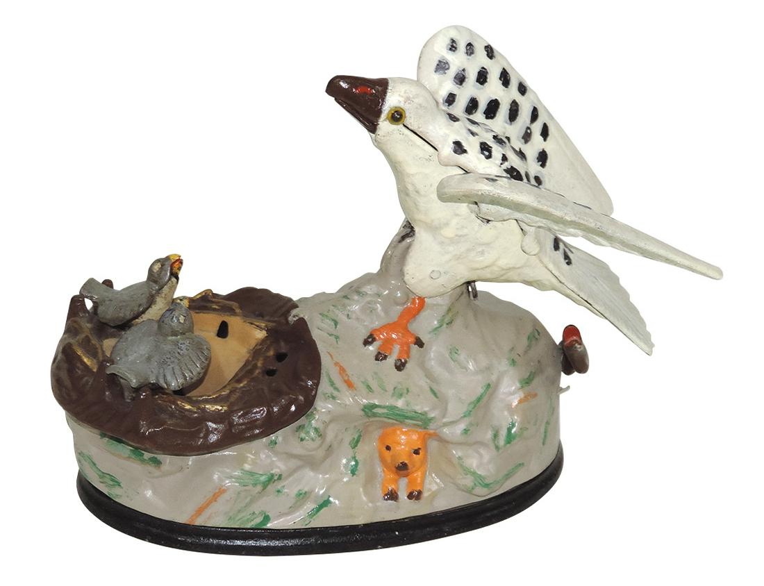 Mechanical Bank, Eagle and Eaglets, mfgd by J. & E. Stevens, cast iron, c.1883, Exc working cond: Mechanical Bank, Eagle and Eaglets, mfgd by J. & E. Stevens, cast iron, c.1883, Exc working cond w/prof repaint, noting weak chirping, 8"L.