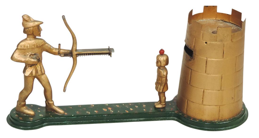 Mechanical Bank, William Tell, pressed tin, coin shoots apple off child's head, made in Australia,: Mechanical Bank, William Tell, pressed tin, coin shoots apple off child's head, made in Australia, Exc working cond, partial base repaint, 15"L.
