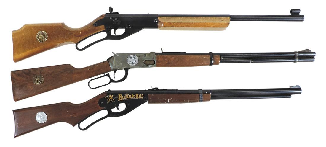 Air Rifle Commemoratives (3), all mfgd by Daisy, Buffalo Bill Mod. 1938B (for German market),: Air Rifle Commemoratives (3), all mfgd by Daisy, Buffalo Bill Mod. 1938B (for German market), Shooting Education Mod. 499B & Texas Rangers Mod. 1894, 1st 2 Exc cond, 3rd VG cond, all working, 36"L.