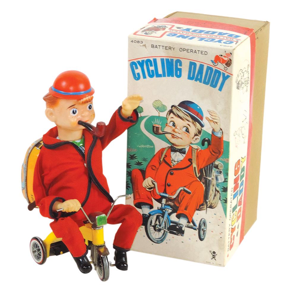 Toy, Cycling Daddy, by Randal-Japan, B-O, lights up, waves hand & pedals, MIB working cond, 11"L.: Toy, Cycling Daddy, by Randal-Japan, B-O, lights up, waves hand & pedals, MIB working cond, 11"L.