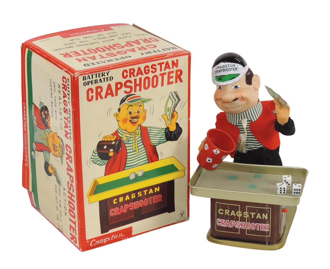 Toy, Crapshooter, mfgd by Cragstan, B-O, shakes 3 dice from cup, MIB cond but not working, 10"H.: Toy, Crapshooter, mfgd by Cragstan, B-O, shakes 3 dice from cup, MIB cond but not working, 10"H.