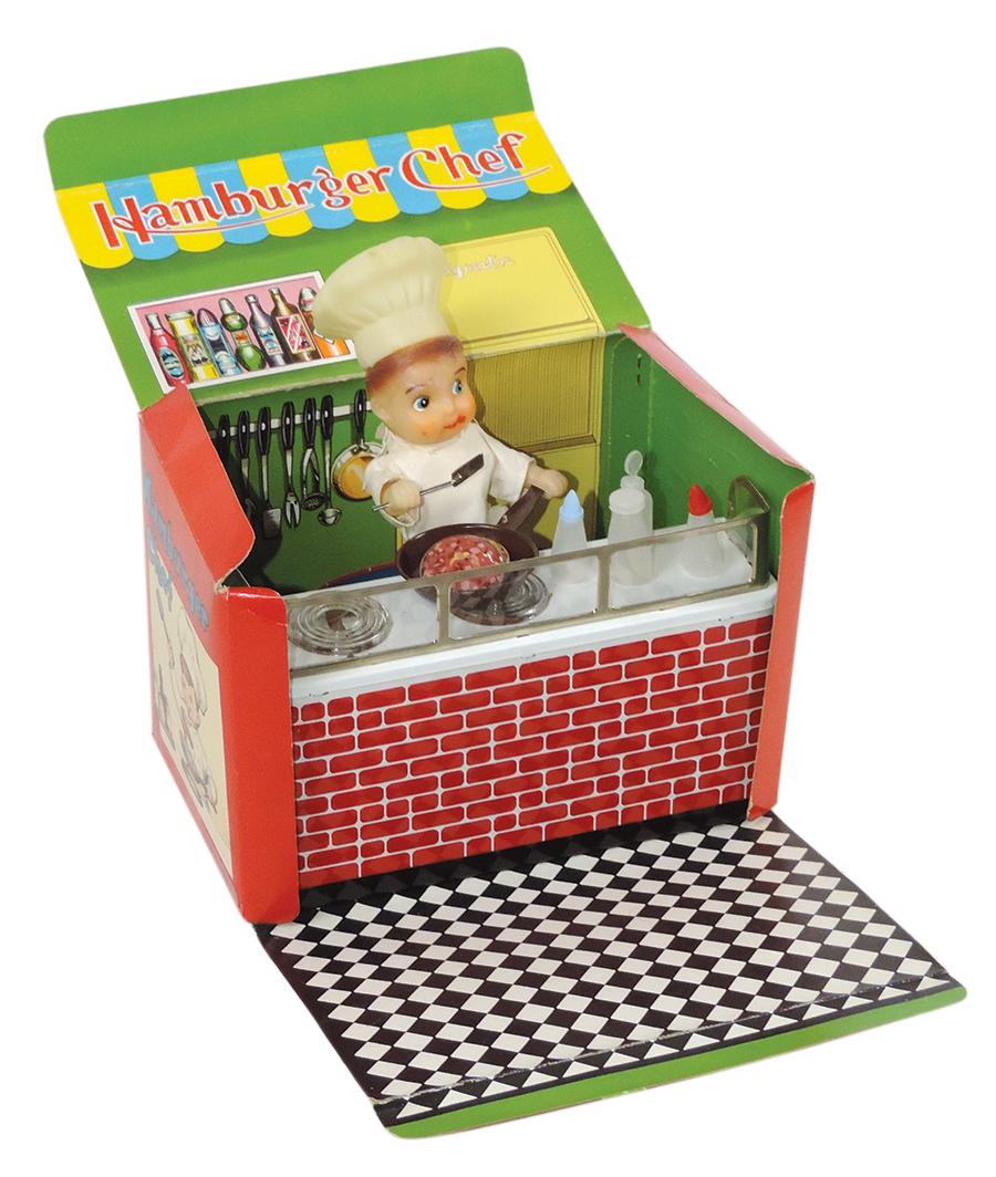 Toy, Hamburger Chef in orig box w/diner print interior, mfgd by G.B.C. Toy, B-O, Exc working cond,: Toy, Hamburger Chef in orig box w/diner print interior, mfgd by G.B.C. Toy, B-O, Exc working cond, 9"W.