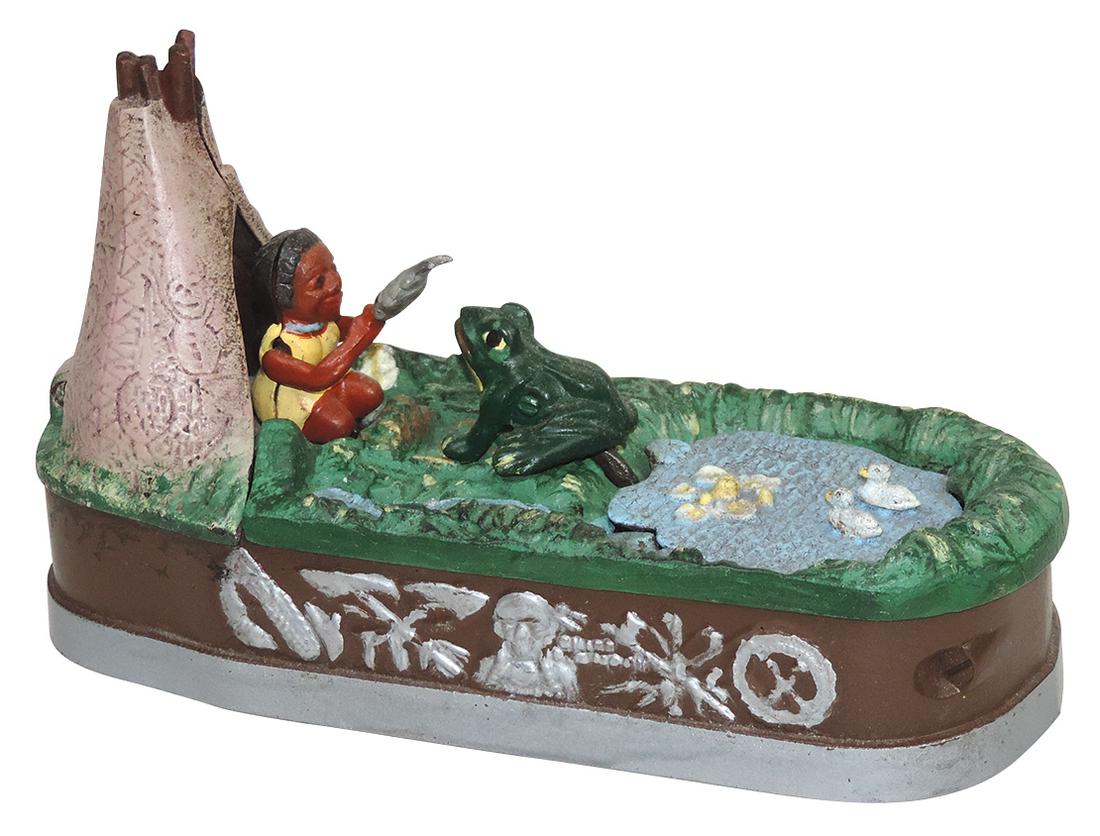 Mechanical Bank, Chief Big Moon, cast iron, later vintage in Exc working cond, 10"L.: Mechanical Bank, Chief Big Moon, cast iron, later vintage in Exc working cond, 10"L.
