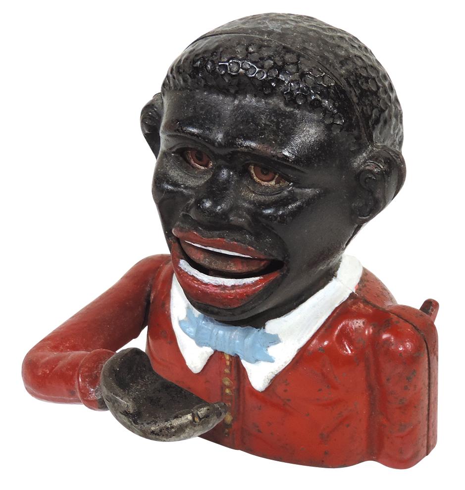 Mechanical Bank, Black American Little Joe, 1st version, mfgd by Harper & Co., cast iron, c.1915,: Mechanical Bank, Black American Little Joe, 1st version, mfgd by Harper & Co., cast iron, c.1915, VG+ working cond w/some touch ups to orig paint, 5.5"H.