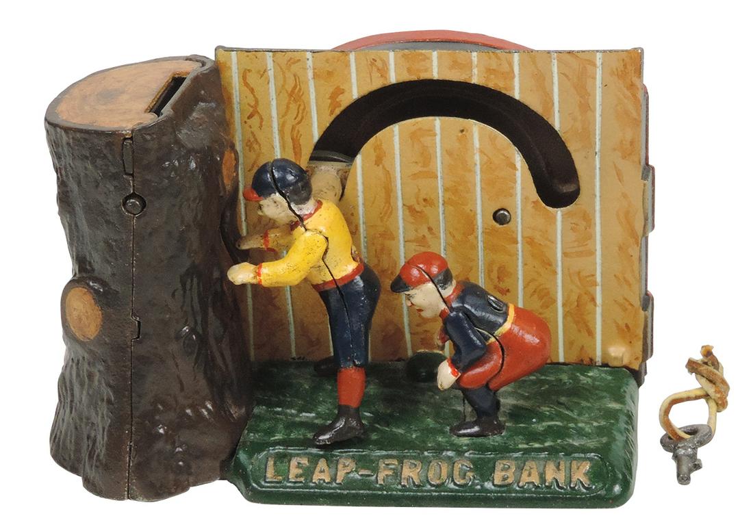 Mechanical Bank, Leap Frog, mfgd by Shepard Hardware, cast iron, c.1891 w/patent date on base, Exc: Mechanical Bank, Leap Frog, mfgd by Shepard Hardware, cast iron, c.1891 w/patent date on base, Exc working cond w/prof repaint & key, 4.875"H.