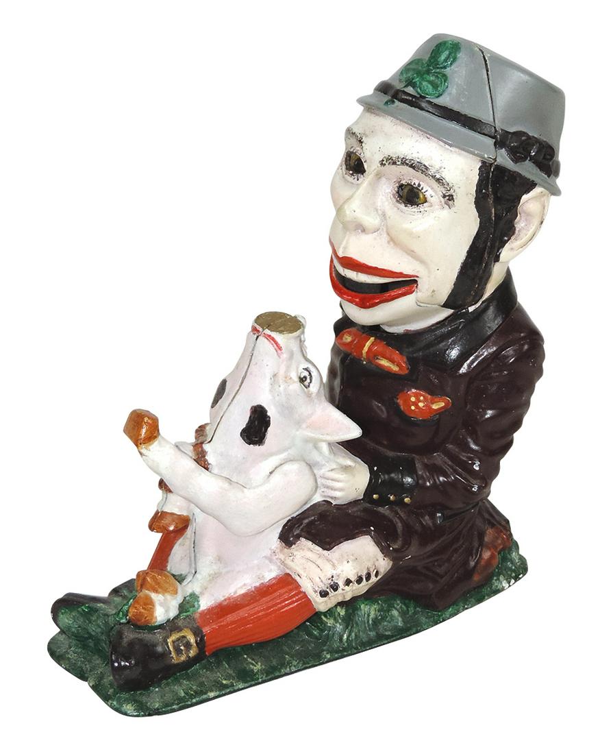 Mechanical Bank, Paddy & The Pig, mfgd by J. & E. Stevens, cast iron, c.1882 w/patent date on base,: Mechanical Bank, Paddy & The Pig, mfgd by J. & E. Stevens, cast iron, c.1882 w/patent date on base, glass eyes, Exc working cond w/later polychrome paint, 8"H.