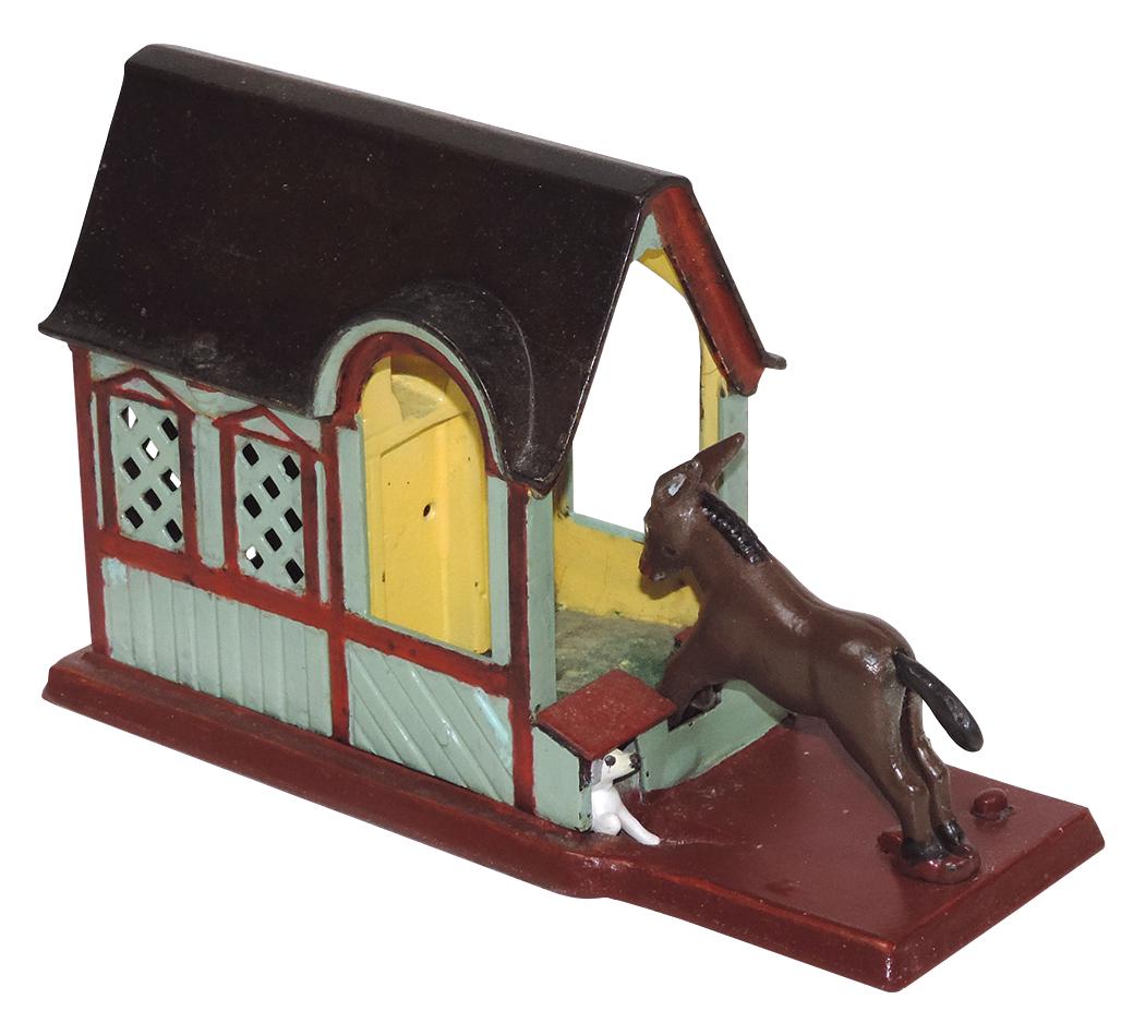 Mechanical Bank, Mule Entering Barn, mfgd by J. & E. Stevens, cast iron, c.1880 w/patent date on: Mechanical Bank, Mule Entering Barn, mfgd by J. & E. Stevens, cast iron, c.1880 w/patent date on base, Exc working cond w/prof repaint, 8.75"L.