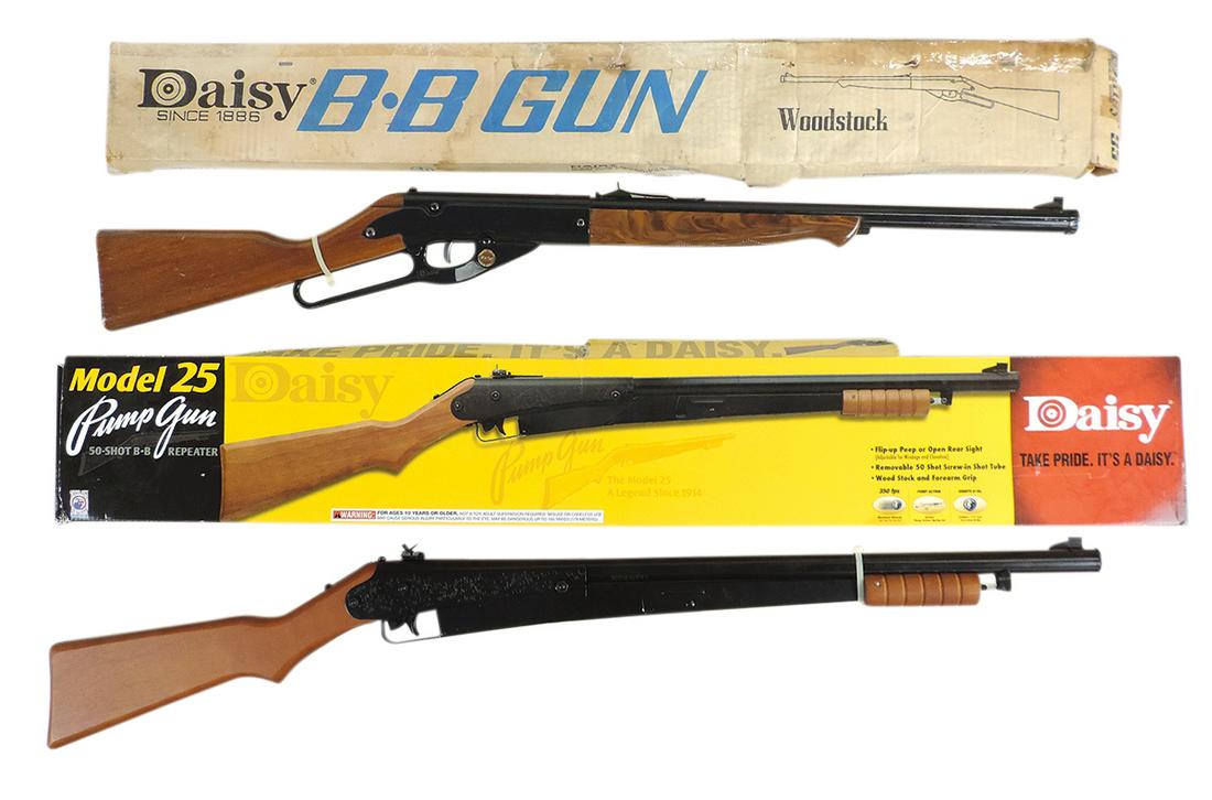 Air Rifles (2), mfgd by Daisy, Mod. 25 pump & Mod. 95, both MIB untested cond, latter w/box wear,: Air Rifles (2), mfgd by Daisy, Mod. 25 pump & Mod. 95, both MIB untested cond, latter w/box wear, larger 38"L.