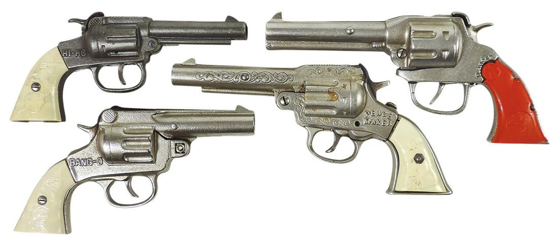 Toy Cap Pistols (4), by Kenton & Stevens, includes Bang-O, Peace Maker & Ranger (grip damage), cast: Toy Cap Pistols (4), by Kenton & Stevens, includes Bang-O, Peace Maker & Ranger (grip damage), cast iron, VG working cond unless noted, largest 9"L.
