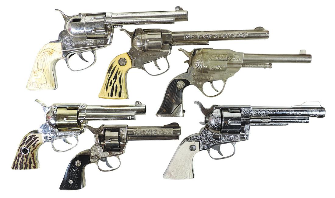 Toy Cap Pistols (6), includes Mattel Fanners & Nichols Stallion, die-cast, mostly VG working cond,: Toy Cap Pistols (6), includes Mattel Fanners & Nichols Stallion, die-cast, mostly VG working cond, largest 11.5"L.