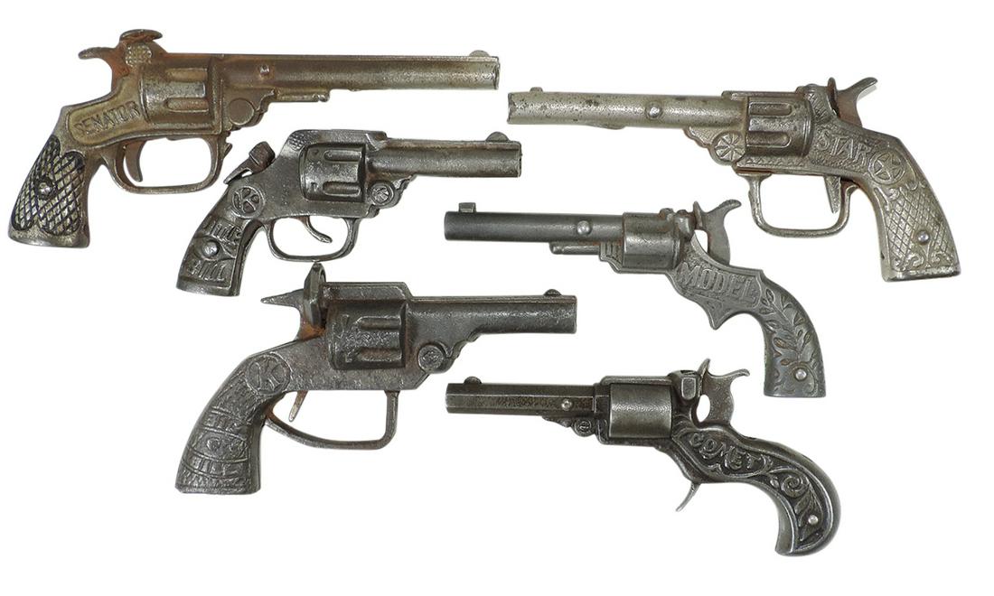 Toy Cap Pistols (6), mfgd by Kilgore & Stevens, includes Comet, Star, Senator & Little Bill, cast: Toy Cap Pistols (6), mfgd by Kilgore & Stevens, includes Comet, Star, Senator & Little Bill, cast iron, VG working cond, largest 7.5"L.