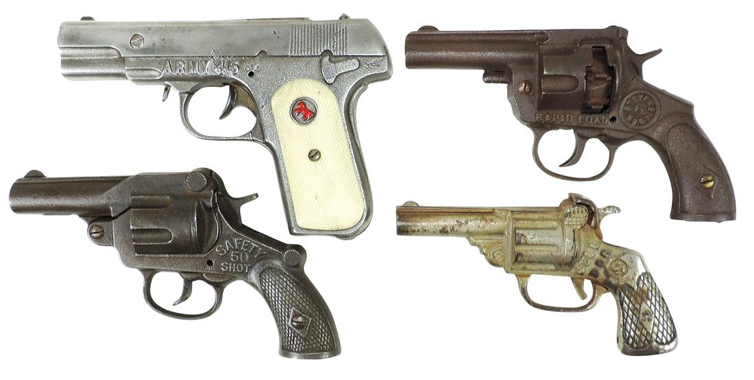 Toy Cap Pistols (4), mfgd by Stevens, includes Army 45, Safety 50 Shot & Bull Dog, cast iron, VG to: Toy Cap Pistols (4), mfgd by Stevens, includes Army 45, Safety 50 Shot & Bull Dog, cast iron, VG to Exc working cond, largest 7.5"L.
