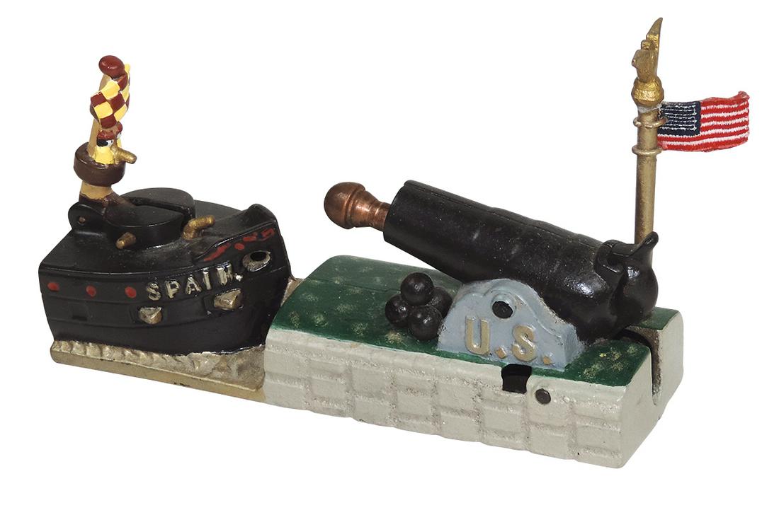 Mechanical Bank, US and Spain, mfgd by J. & E. Stevens, cast iron, cannon shoots projectile into: Mechanical Bank, US and Spain, mfgd by J. & E. Stevens, cast iron, cannon shoots projectile into mast dropping coin, Exc working cond w/later prof repaint & flag, 8.5"L.