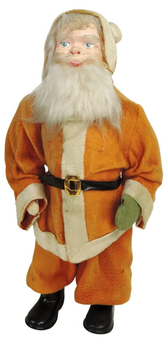 Christmas Santa Claus Doll, excelsior-stuffed brushed wool suit w/painted plaster face & mohair: Christmas Santa Claus Doll, excelsior-stuffed brushed wool suit w/painted plaster face & mohair beard, VG cond, faded color & 1 mitten absent, 19"H.