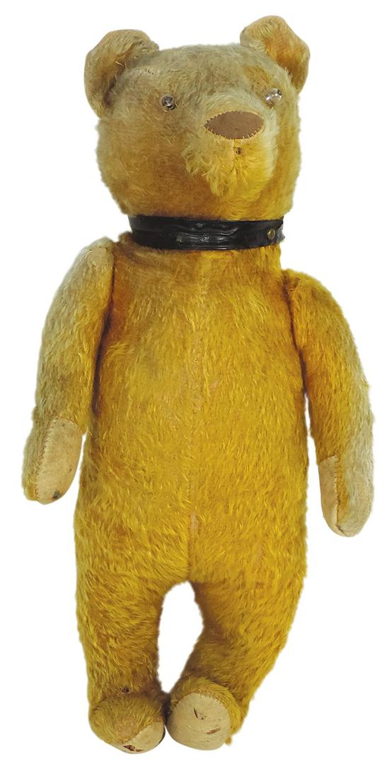 Christmas Store Display Teddy Bear, excelsior-stuffed mohair standing form w/jointed arms &: Christmas Store Display Teddy Bear, excelsior-stuffed mohair standing form w/jointed arms & battery-operated lighted eyes, Good+ cond w/wear to head, replaced battery box & untested, 23"H.