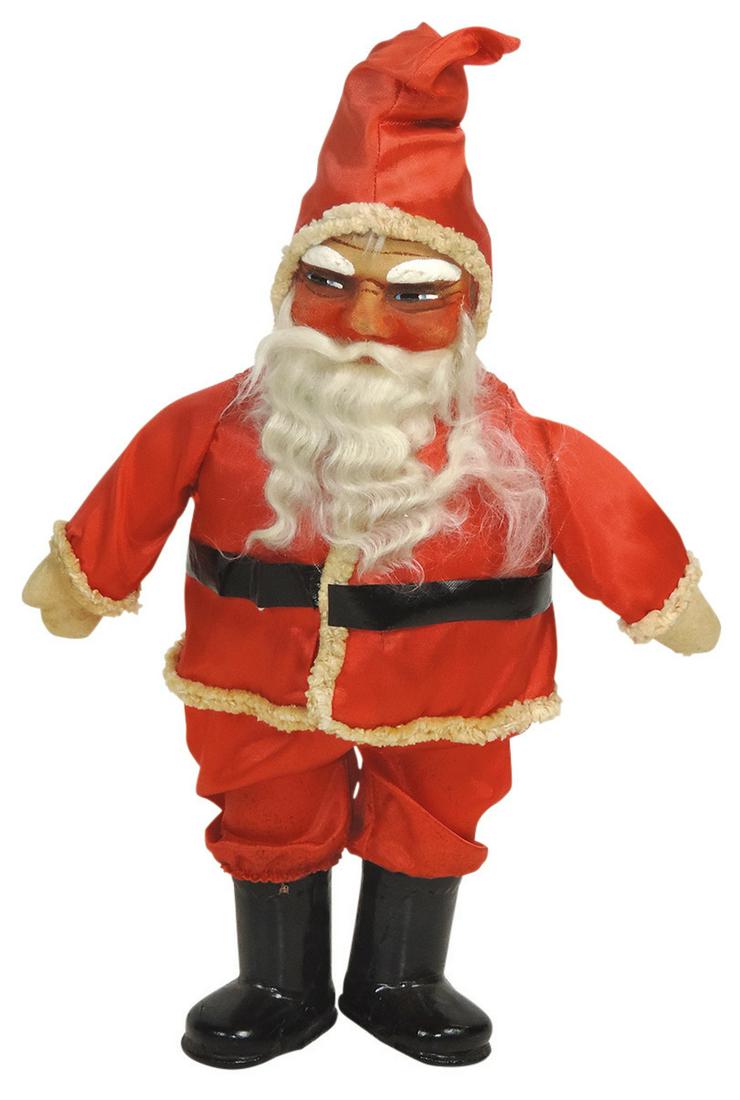 Christmas Santa Claus Doll, painted mask face w/mohair beard, silk suit & papier-mache boots, VG+: Christmas Santa Claus Doll, painted mask face w/mohair beard, silk suit & papier-mache boots, VG+ cond, 18"H.