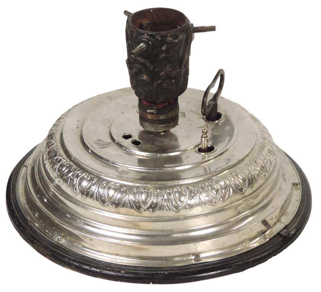 Christmas Tree Stand, silvered metal German clockwork stand w/music box that slowly rotates, elec.: Christmas Tree Stand, silvered metal German clockwork stand w/music box that slowly rotates, elec. light attachment absent & missing one foot, o/wise VG working cond w/key, 14"Dia.