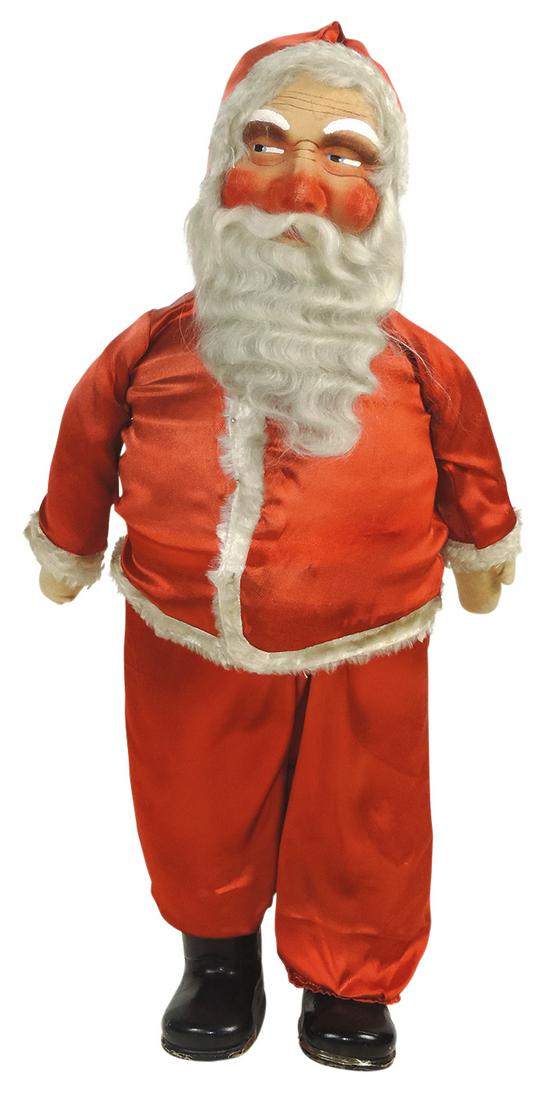 Christmas Santa Claus Doll, painted mask face, mohair beard & silk suit, VG cond, 25"H.: Christmas Santa Claus Doll, painted mask face, mohair beard & silk suit, VG cond, 25"H.