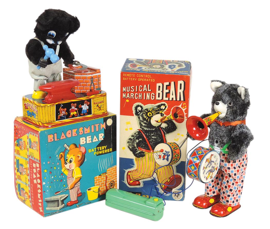 Toys (2), Blacksmith Bear by Alps-Japan & Musical Marching Bear by Rosko, both B-O, MIB,: Toys (2), Blacksmith Bear by Alps-Japan & Musical Marching Bear by Rosko, both B-O, MIB, noting music bear working, other apparently not, larger 11"H.