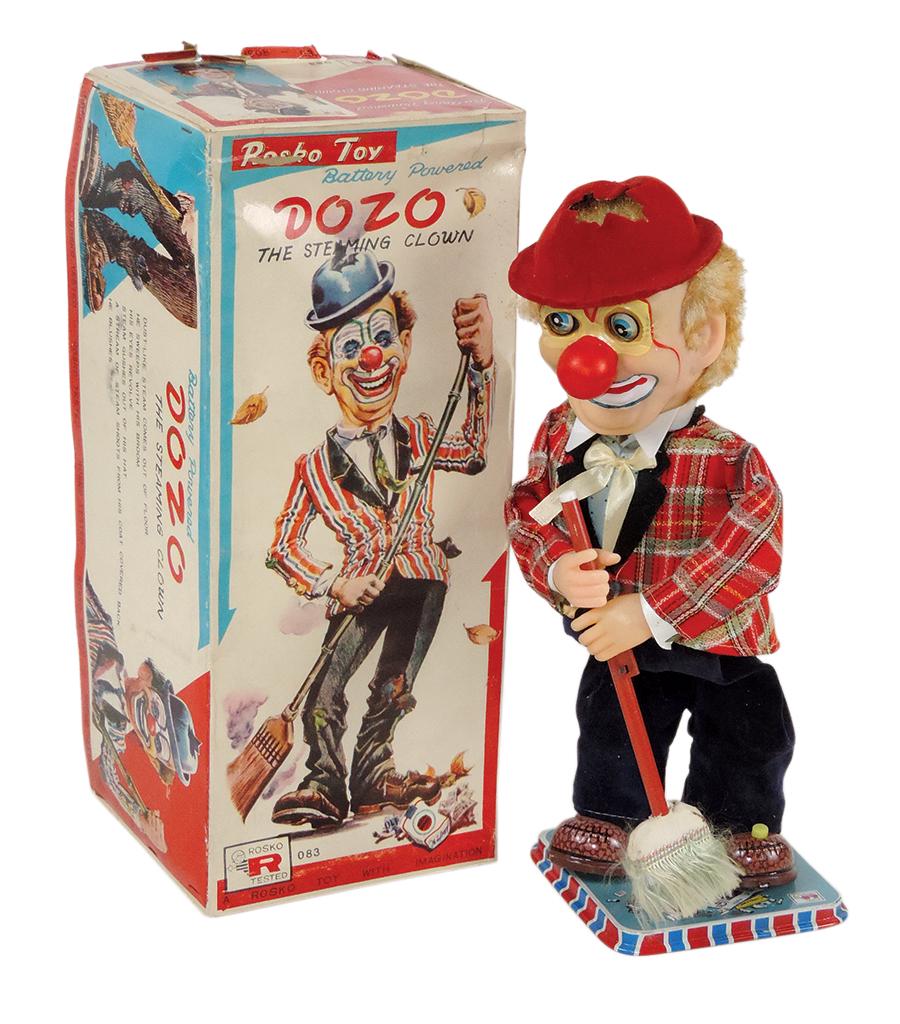 Toy, Dozo The Steaming Clown w/box, mfgd by Rosko, B-O, Exc working cond, noting no steam action,: Toy, Dozo The Steaming Clown w/box, mfgd by Rosko, B-O, Exc working cond, noting no steam action, 14.5"H.