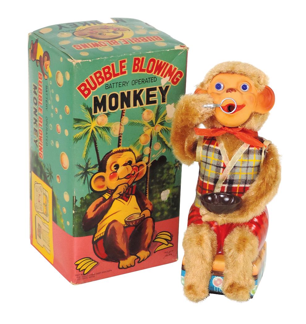 Toy, Bubble Blowing Monkey, mfgd by Alps-Japan, B-O, Exc-Near MIB, lights w/no action, 11"H.: Toy, Bubble Blowing Monkey, mfgd by Alps-Japan, B-O, Exc-Near MIB, lights w/no action, 11"H.