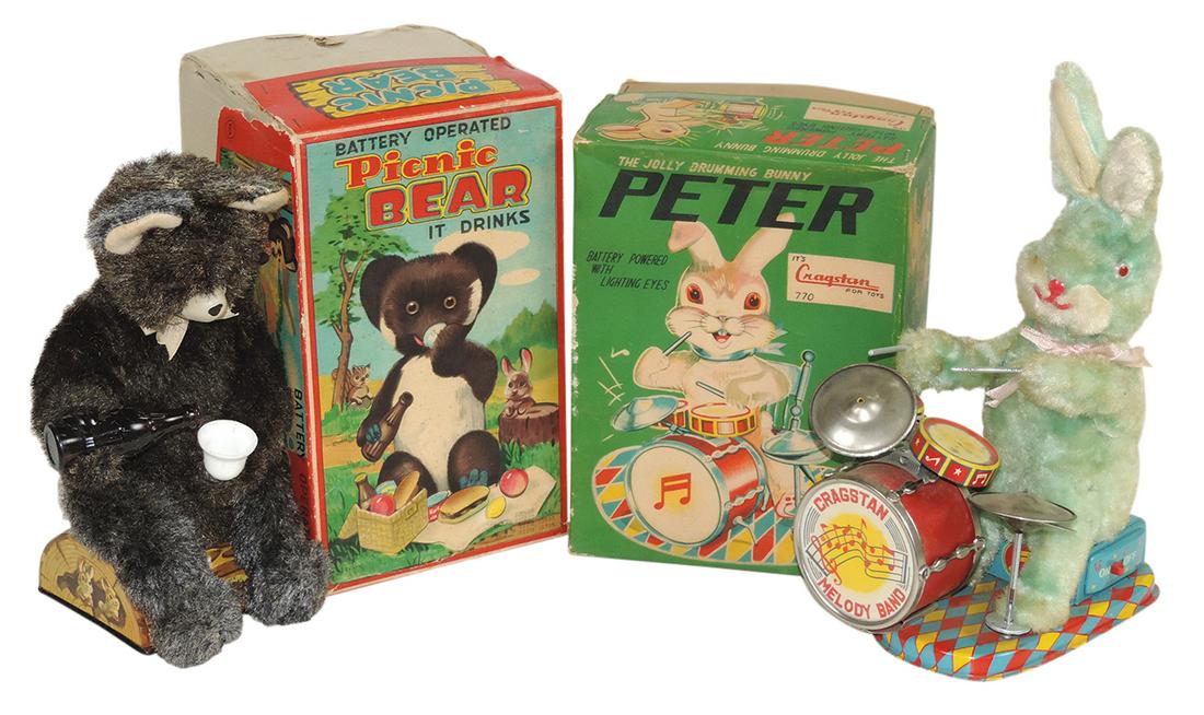 Toys (2), Drumming Bunny Peter, mfgd by Cragstan & Picnic Bear by Rock Valley Toys, B-O, both appear: Toys (2), Drumming Bunny Peter, mfgd by Cragstan & Picnic Bear by Rock Valley Toys, B-O, both appear Exc+ in boxes, neither working & rabbit w/toning, larger 10"H.