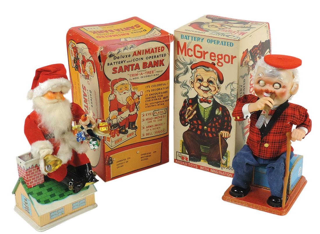 Toys (2), McGregor by Rosko & animated Santa Bank by Trim-a-Tree Japan, both B-O, MIB & light up: Toys (2), McGregor by Rosko & animated Santa Bank by Trim-a-Tree Japan, both B-O, MIB & light up w/no movement, 12"H.