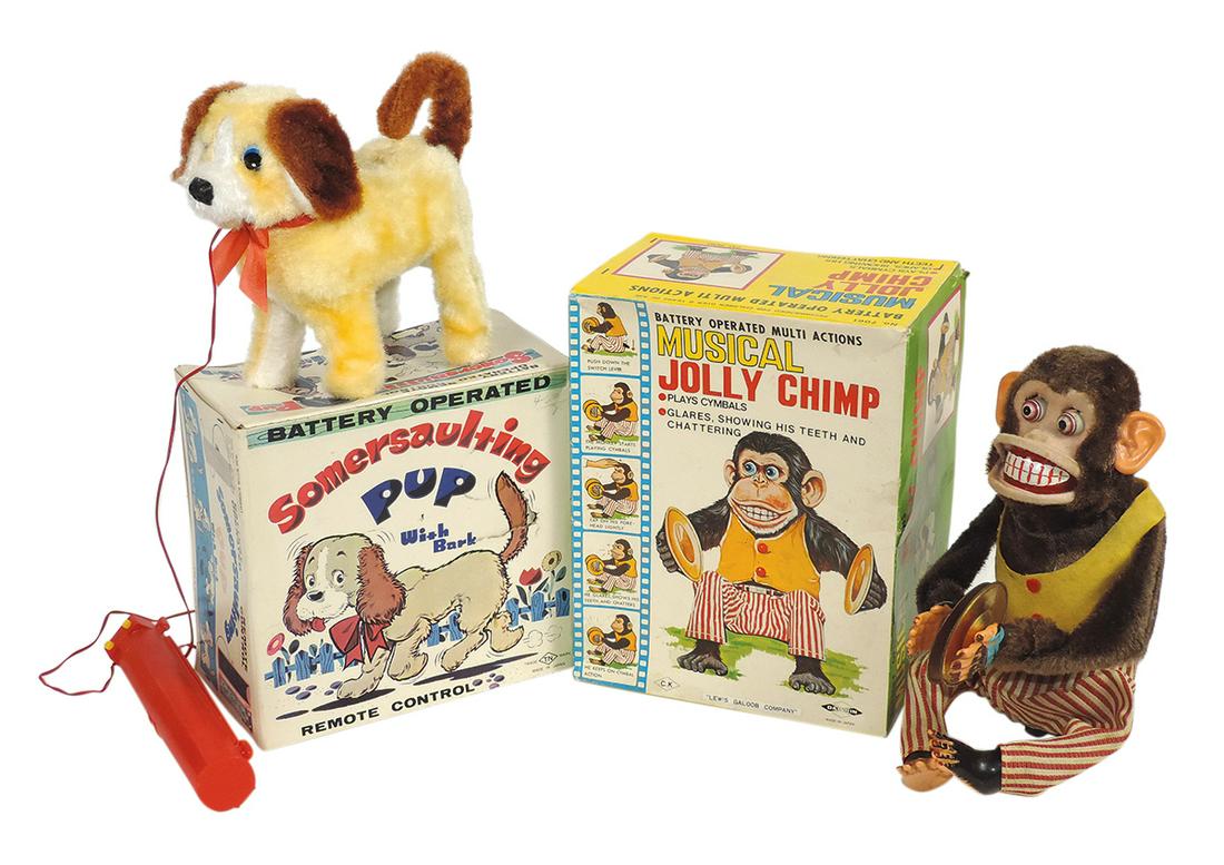 Toys (2), Somersaulting Pup by TN & Musical Jolly Chimp by Daishin, both B-O, 1st MIB (lights but no: Toys (2), Somersaulting Pup by TN & Musical Jolly Chimp by Daishin, both B-O, 1st MIB (lights but no action), 2nd Exc in box but not working, larger 11"H.