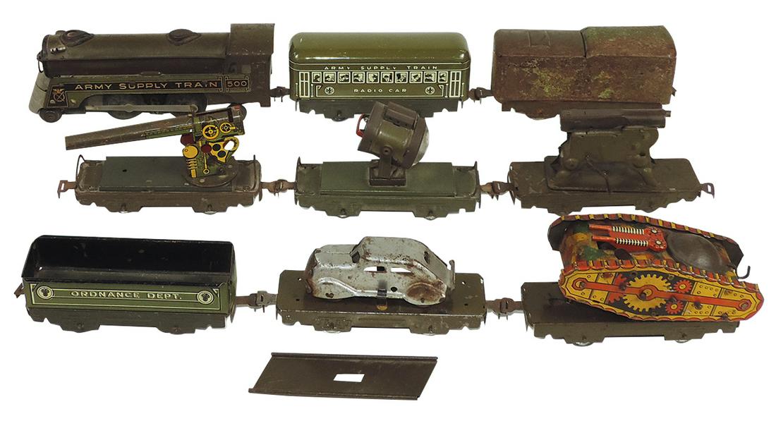 Toy Army Supply Train Set, 9pc, Marx windup tank, searchlight & artillery, litho on tin, most Good+ (1 of 1)