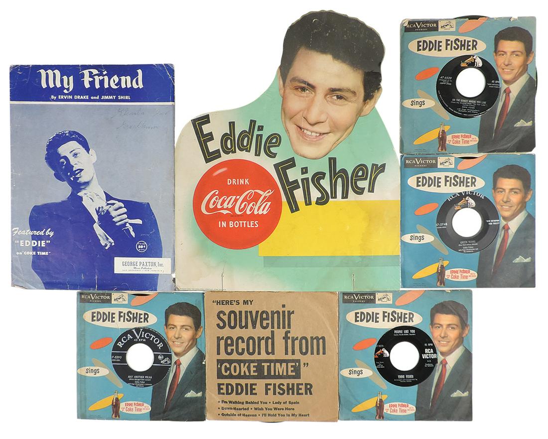 Coca-Cola Eddie Fisher (7), diecut cdbd topper sign dated 1934, My Friend sheet music & 5 45 RPM (1 of 1)