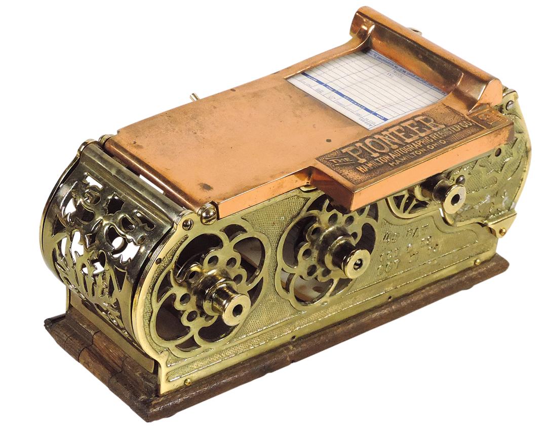 Country Store Pioneer Register, mfgd by Hamilton Autographic Register Co., brass & copper w/openwork (1 of 2)