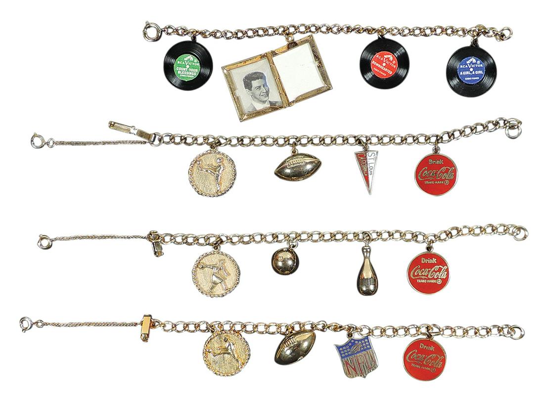 Coca-Cola Charm Bracelets (4), 1957 Eddie Fisher w/locket & vinyl record charms, St. Louis Cardinals: Coca-Cola Charm Bracelets (4), 1957 Eddie Fisher w/locket & vinyl record charms, St. Louis Cardinals Football, Woman's Bowling & NFL Football, all Exc cond w/Coca-Cola charms, working clasps & safety