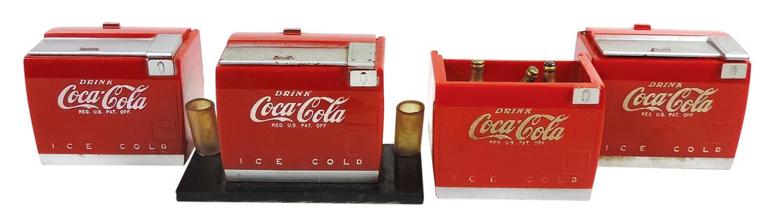 Coca-Cola Miniature Coolers (4), empty cooler (VG cond), cooler w/pencil holders (missing 1 back tab (1 of 3)
