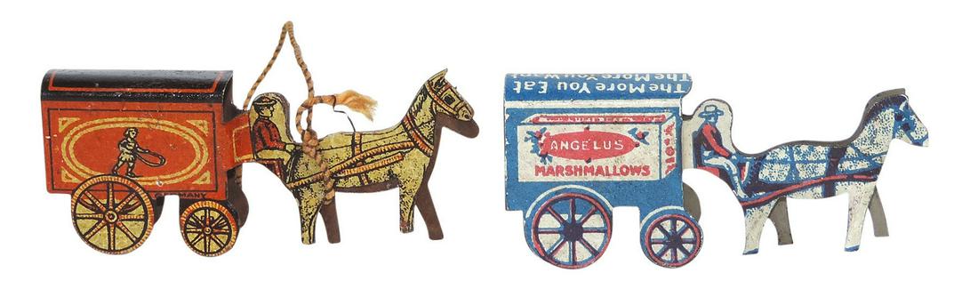 Toy Cracker Jack (2), delivery wagons, 1 w/product box & other of boy rolling hoop, litho on tin, (1 of 2)