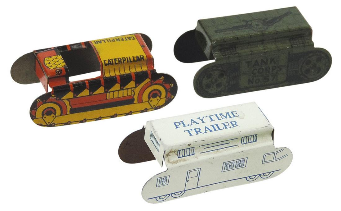Toy Cracker Jack (3), Caterpillar, tank & playtime trailer, litho on tin, c.1930, Exc cond, 1.75"L. (1 of 1)
